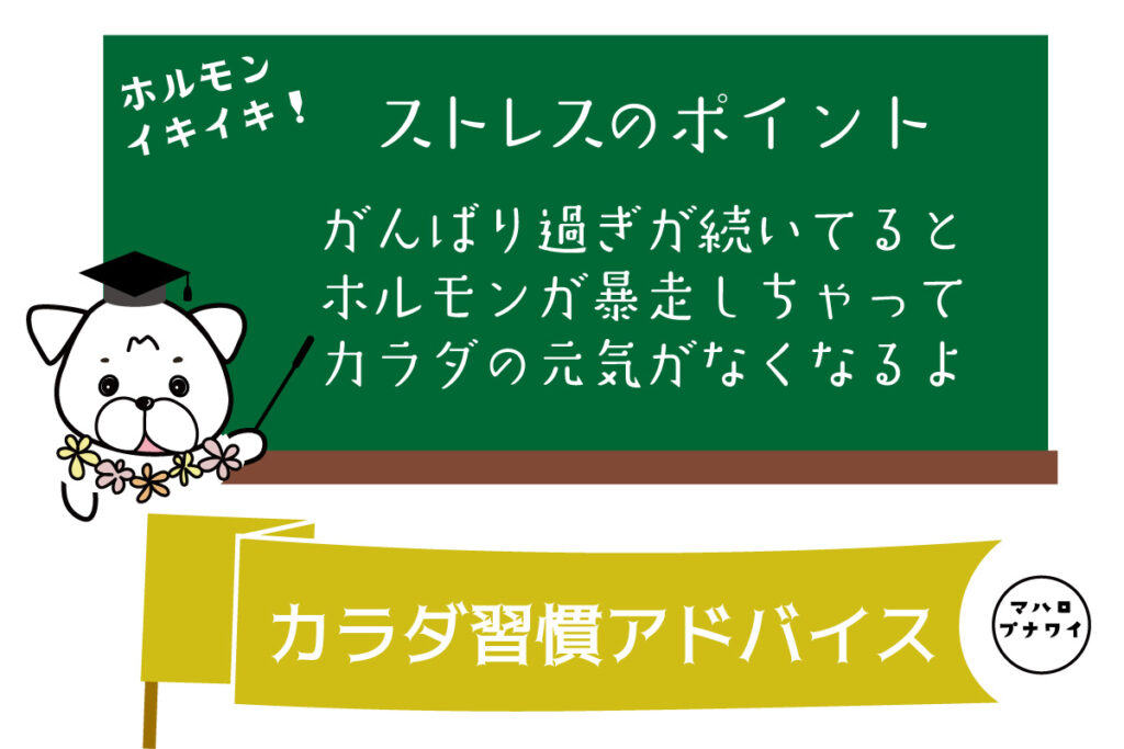 ストレスのポイント　がんばり過ぎが続いてるとホルモンが暴走しちゃってカラダの元気がなくなるよ